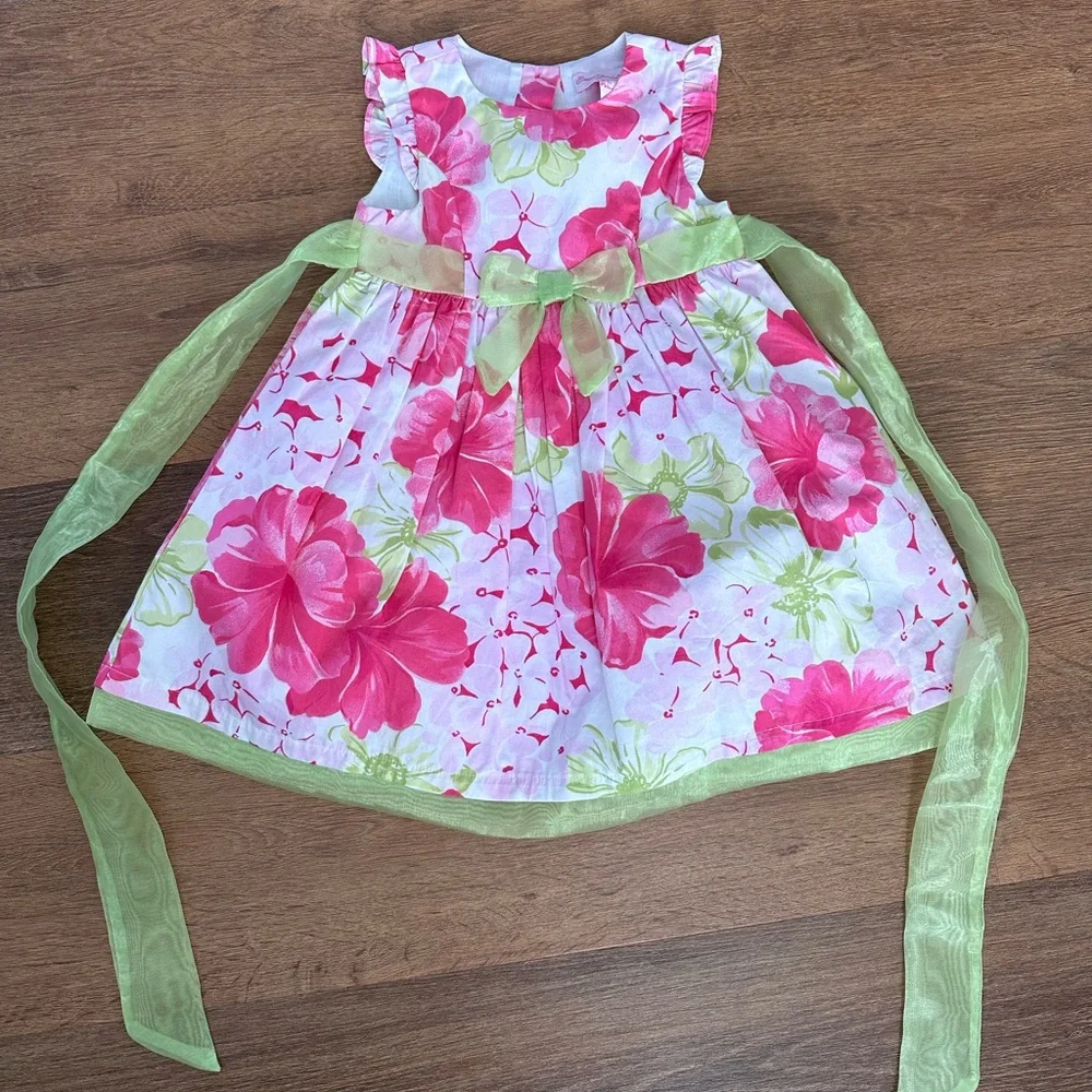 NWOT 2T Floral Pink and Green Dress with Bow